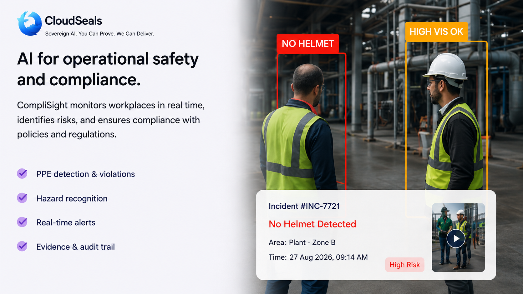 CompliSight industrial safety visual showing a PPE helmet exception detected from CCTV and an incident evidence record.