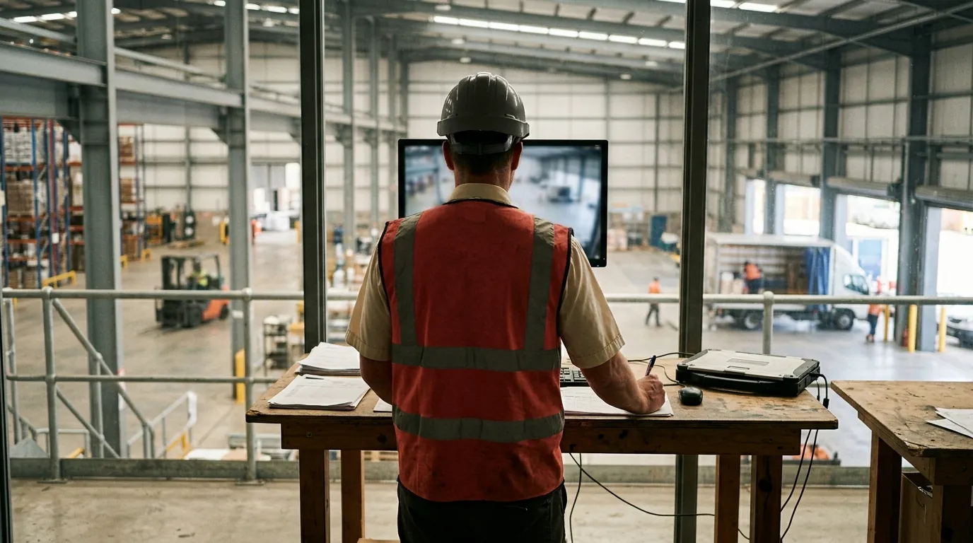 A supervisor reviews a paused camera frame of a loading bay on a monitor before anything is confirmed.
