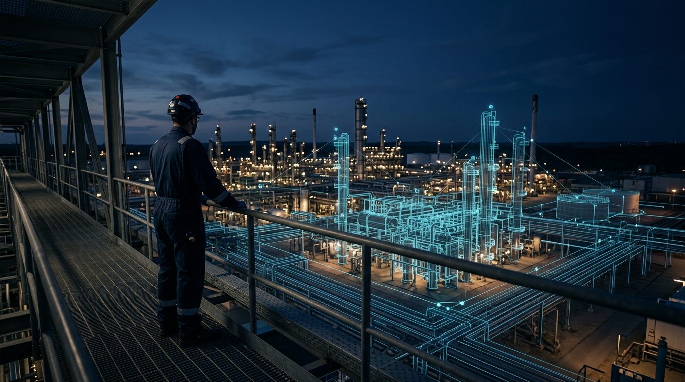 Engineer overlooking an industrial facility with a blue digital twin overlay, representing governed industrial operations.