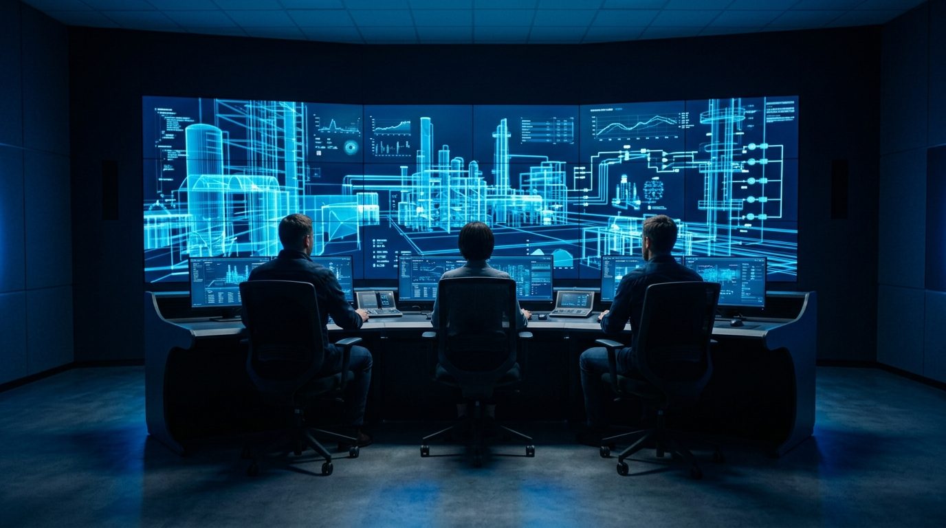 Operations team reviewing a live industrial digital twin in a blue-lit control environment.