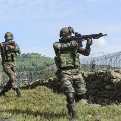 Poonch: Indian army soldiers patrol along the Line of Control (LOC) between India and Pakistan border in Poonch district, Wednesday July 14, 2021. (PTI Photo)(PTI07_15_2021_000047B)